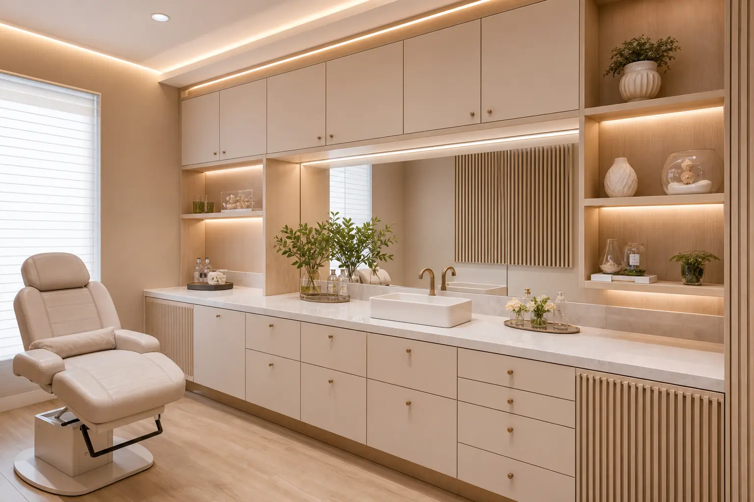 Ambiente de atendimento especializado com bancadas, cadeiras e iluminação planejada