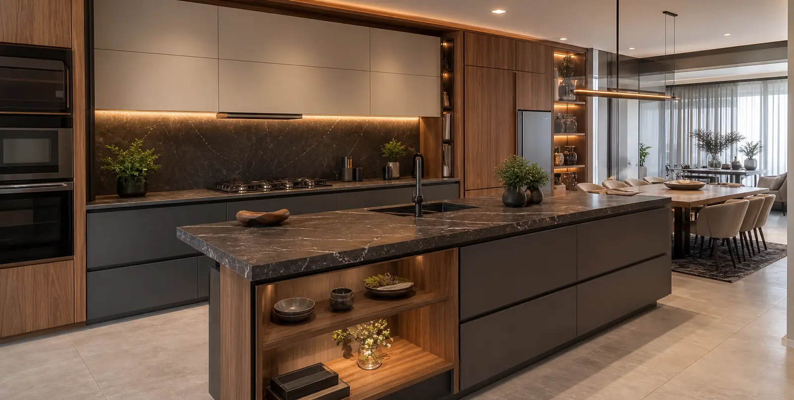 Cozinha planejada contemporânea com portas lisas, pedra decorativa e iluminação embutida